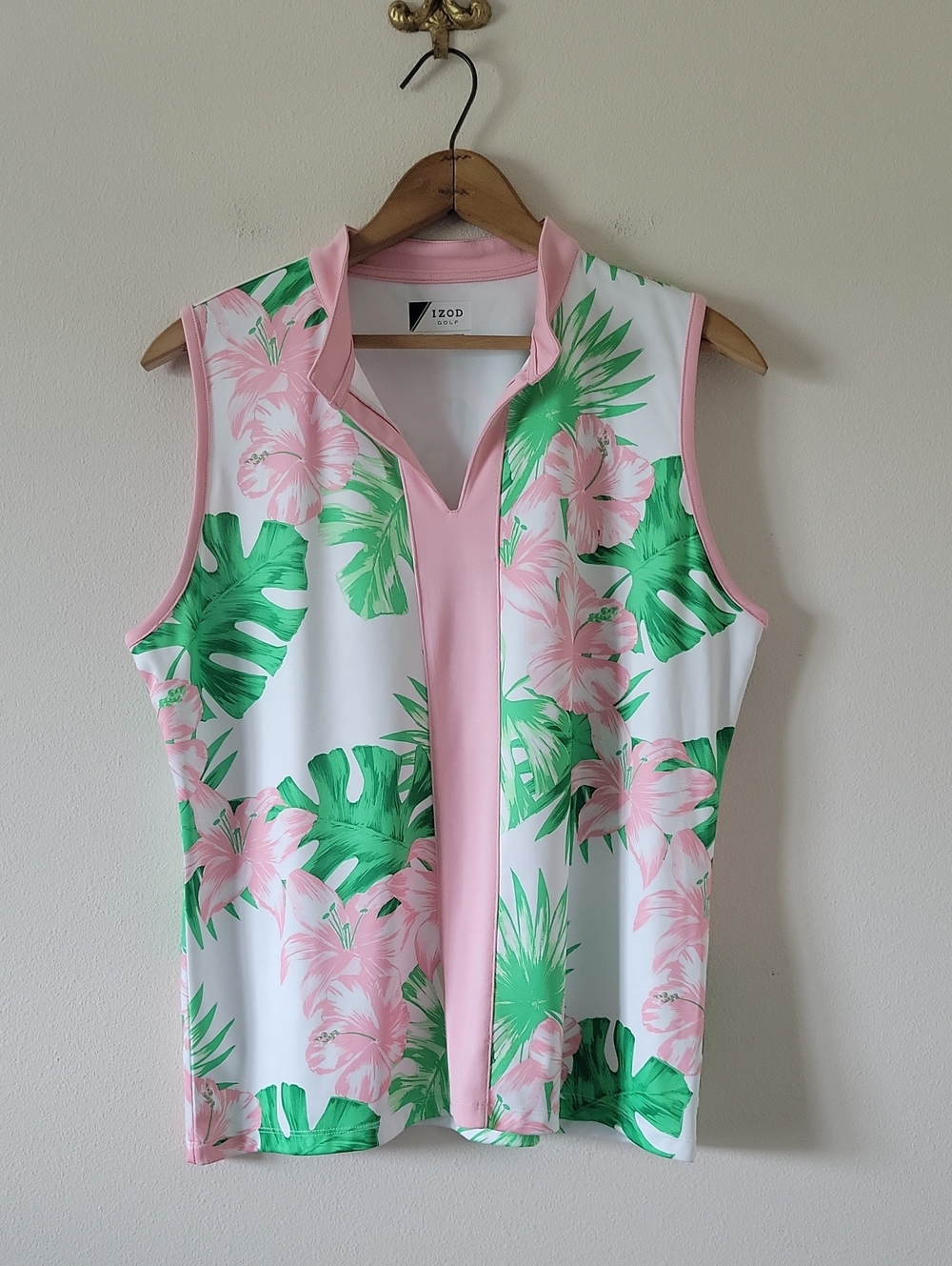 Izod Golf Pink Green Hawaiian Flora Sleeveless‎ Polo Size XL